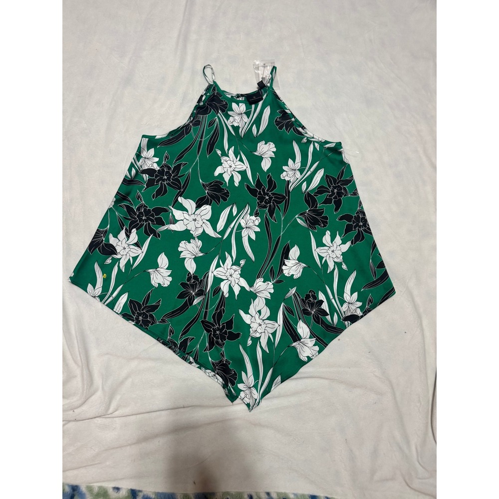 Worthington Green Floral Halter Top Handkerchief Hem Blouse Medium NWT